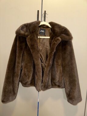 ZARA Brown Faux Fur Jacket - Women's Plush Coat NWOT